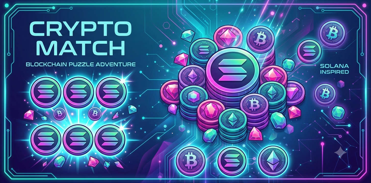 Crypto Match banner artwork featuring stacked crypto token coins and gems